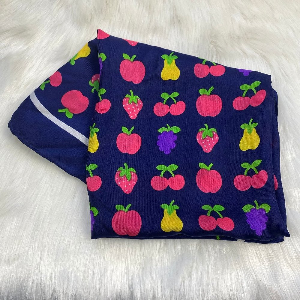 Vintage Navy Blue Bold Fruit Print Scarf Square 26" X 26" - Picture 1 of 7